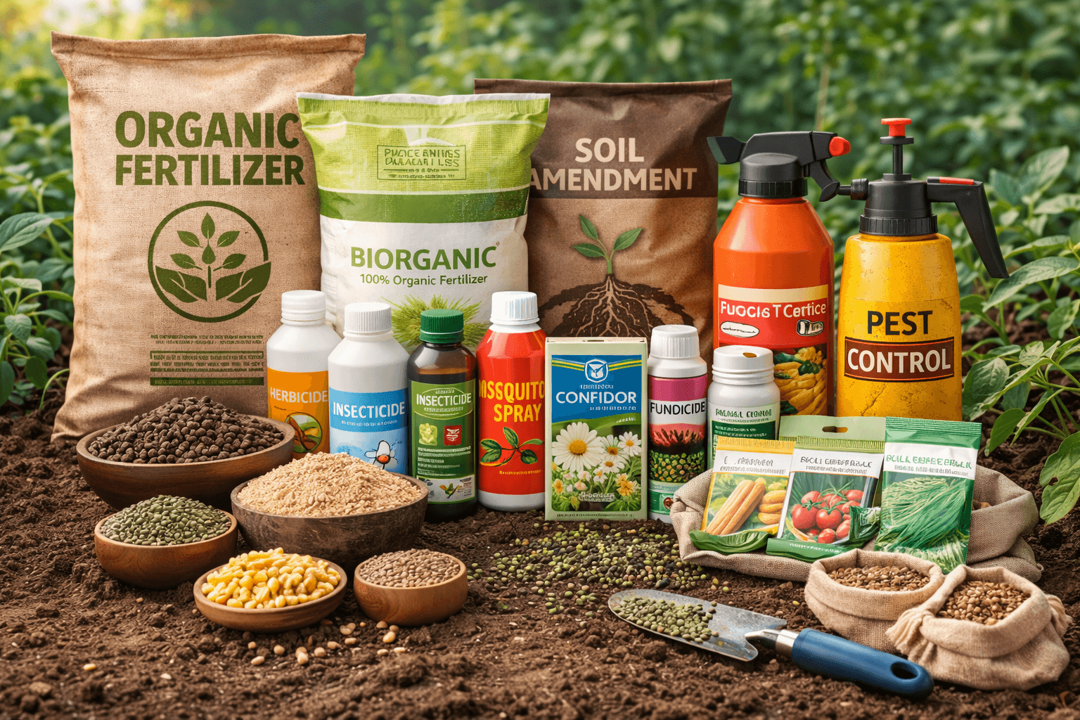 Organic fertilizer, soil amendments and crop protection products with seeds