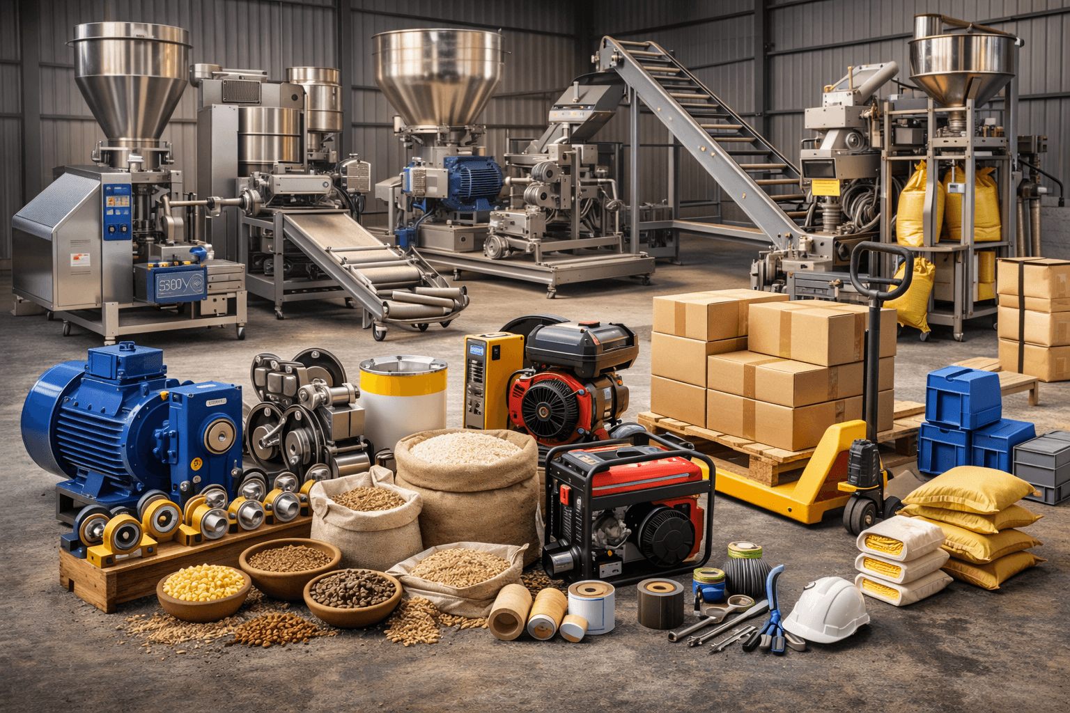 Industrial machinery, motors, spare parts and tools in a manufacturing setting