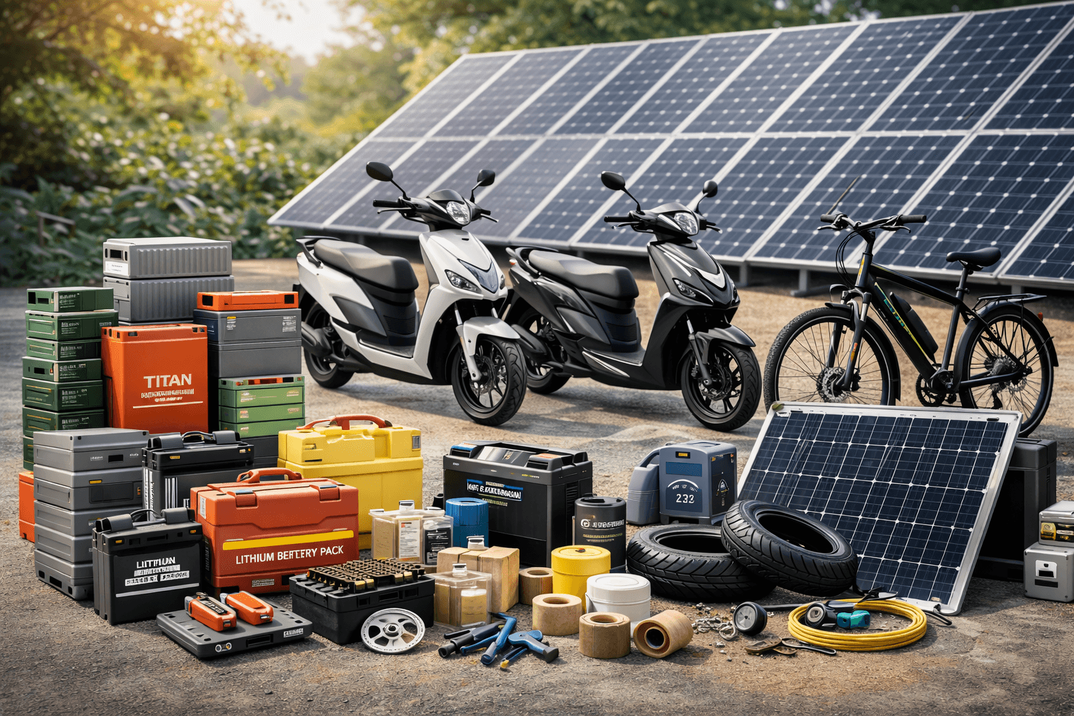 Electric motorbikes, lithium batteries and solar panels with components and spares